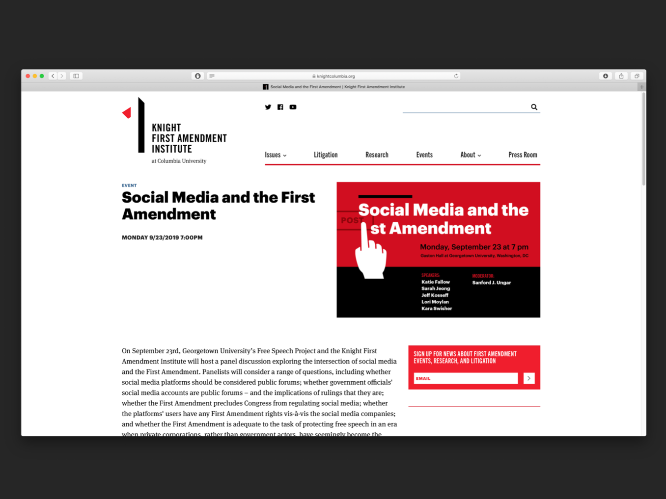 Website screenshot with Social Media and First Amendment event graphic