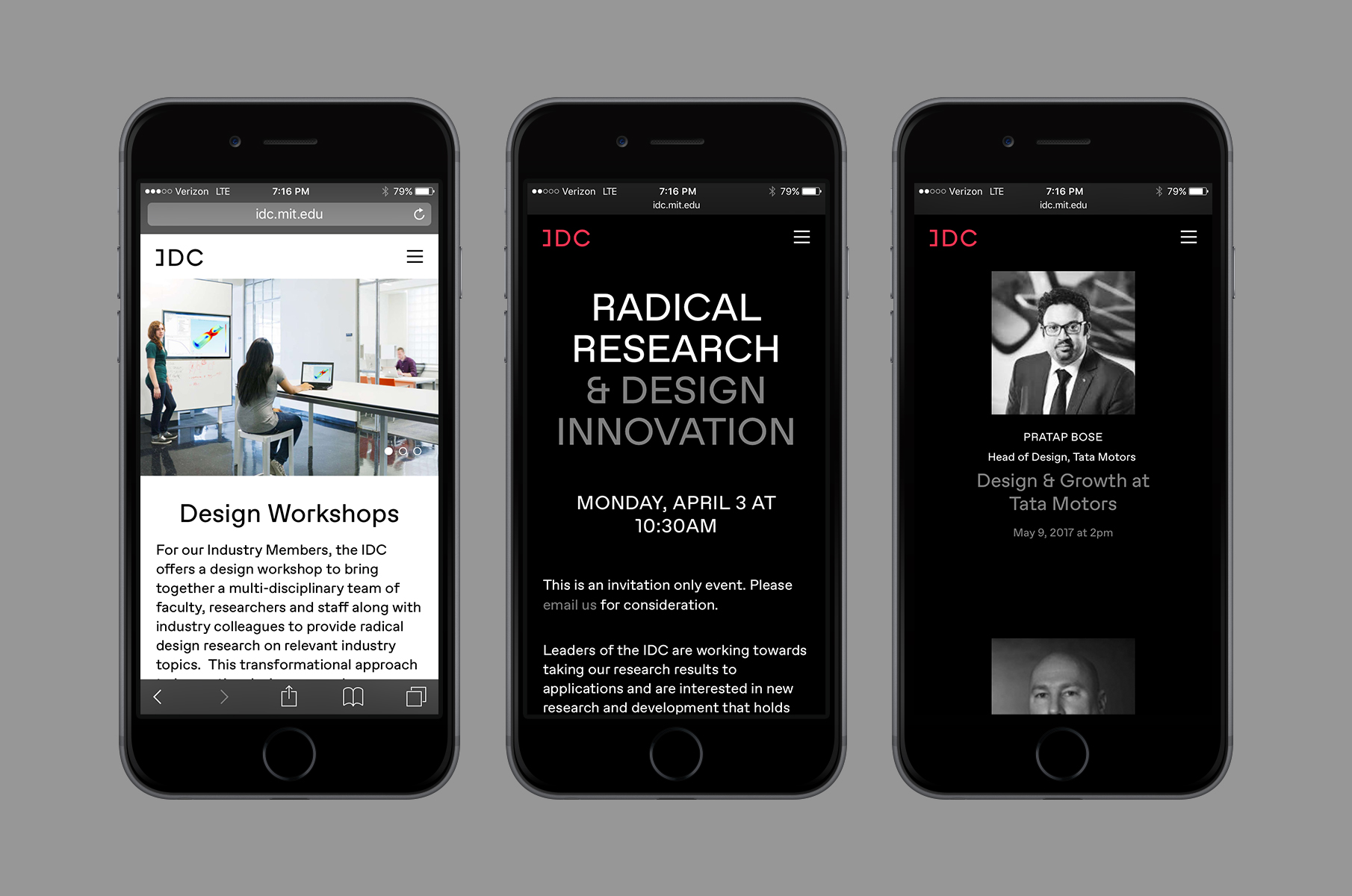 Three mobile screens of design workshops and events