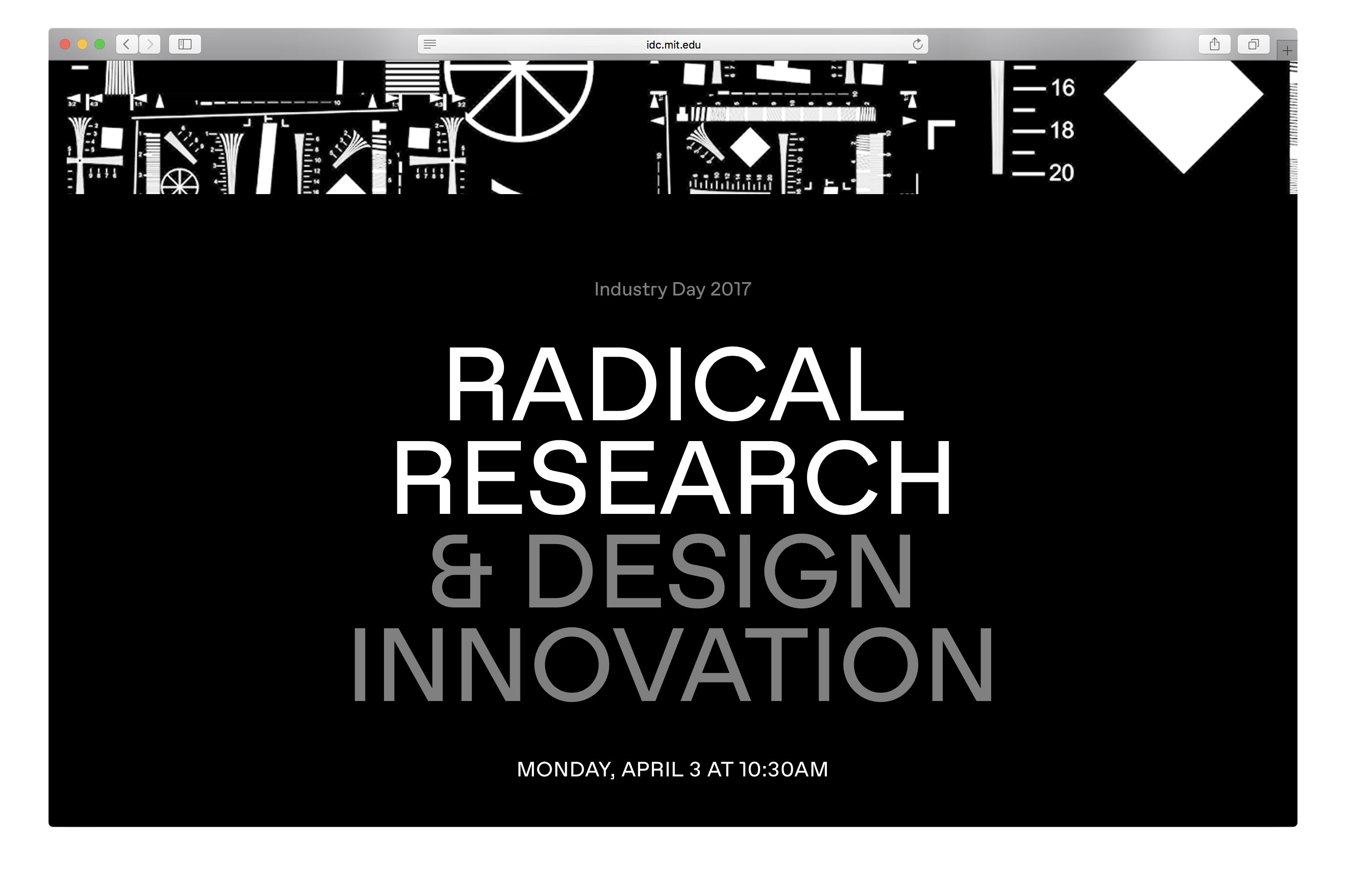 Black webpage with white text that says Radical Research and Design Innovation