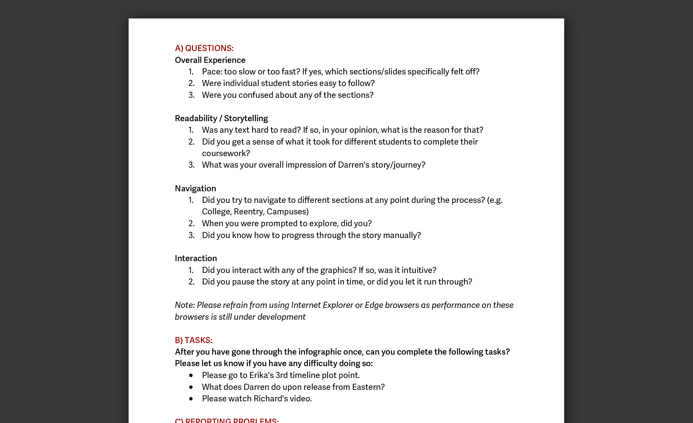 Document showing user testing question script.