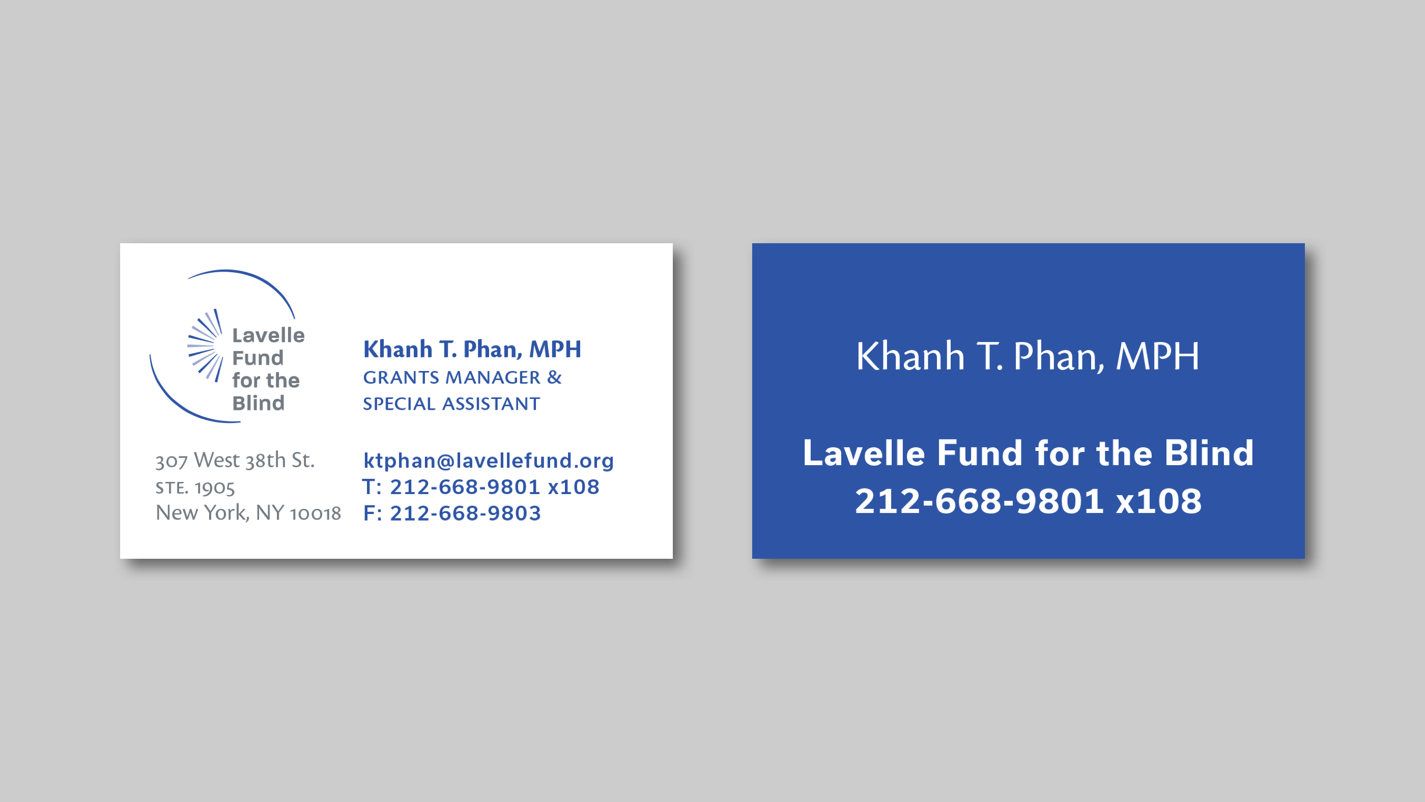 Front and back of business card.