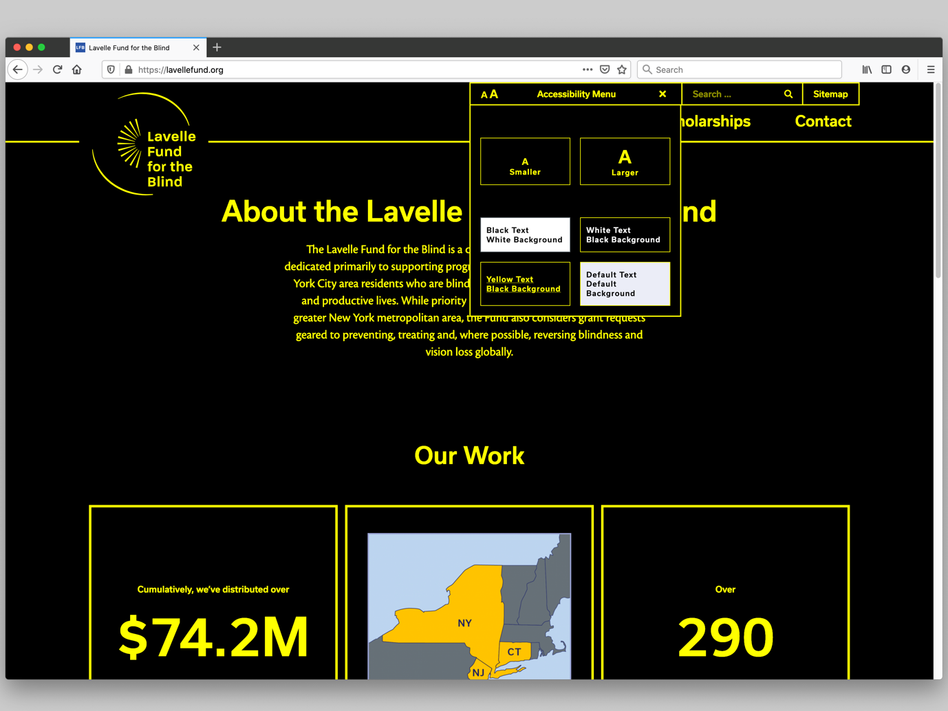 Accessibility menu on the website in yellow and black option.