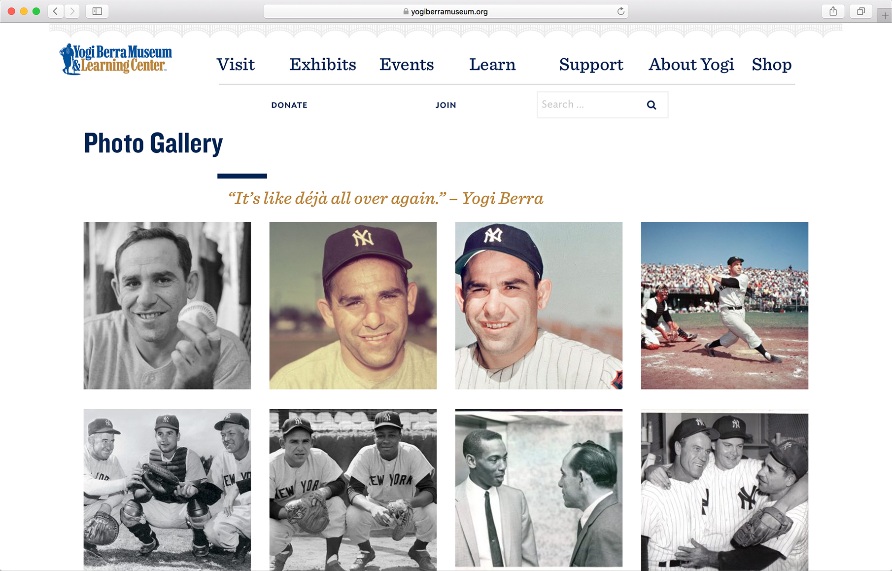 Desktop size of the Photo Gallery with several square historical photos of Yogi Berra.