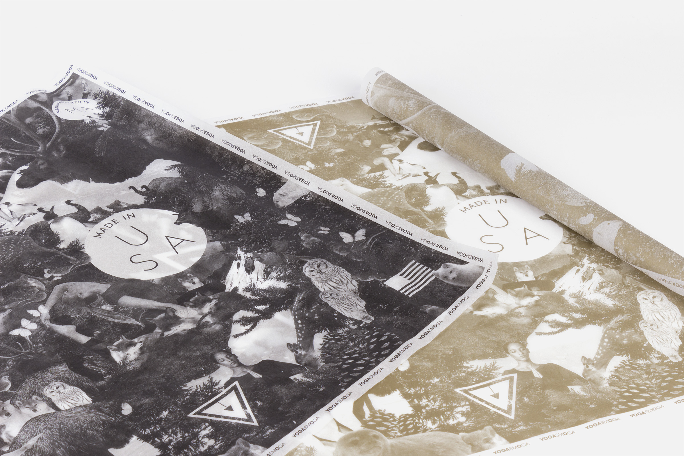 Closeup of Gold and Black wrapping papers that depict a collage of animals and the YS logo.