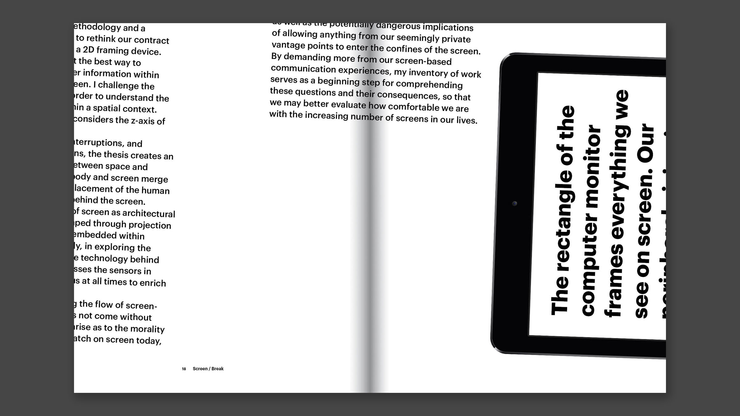 Interior spread with text and an iPad with text on it tilted.