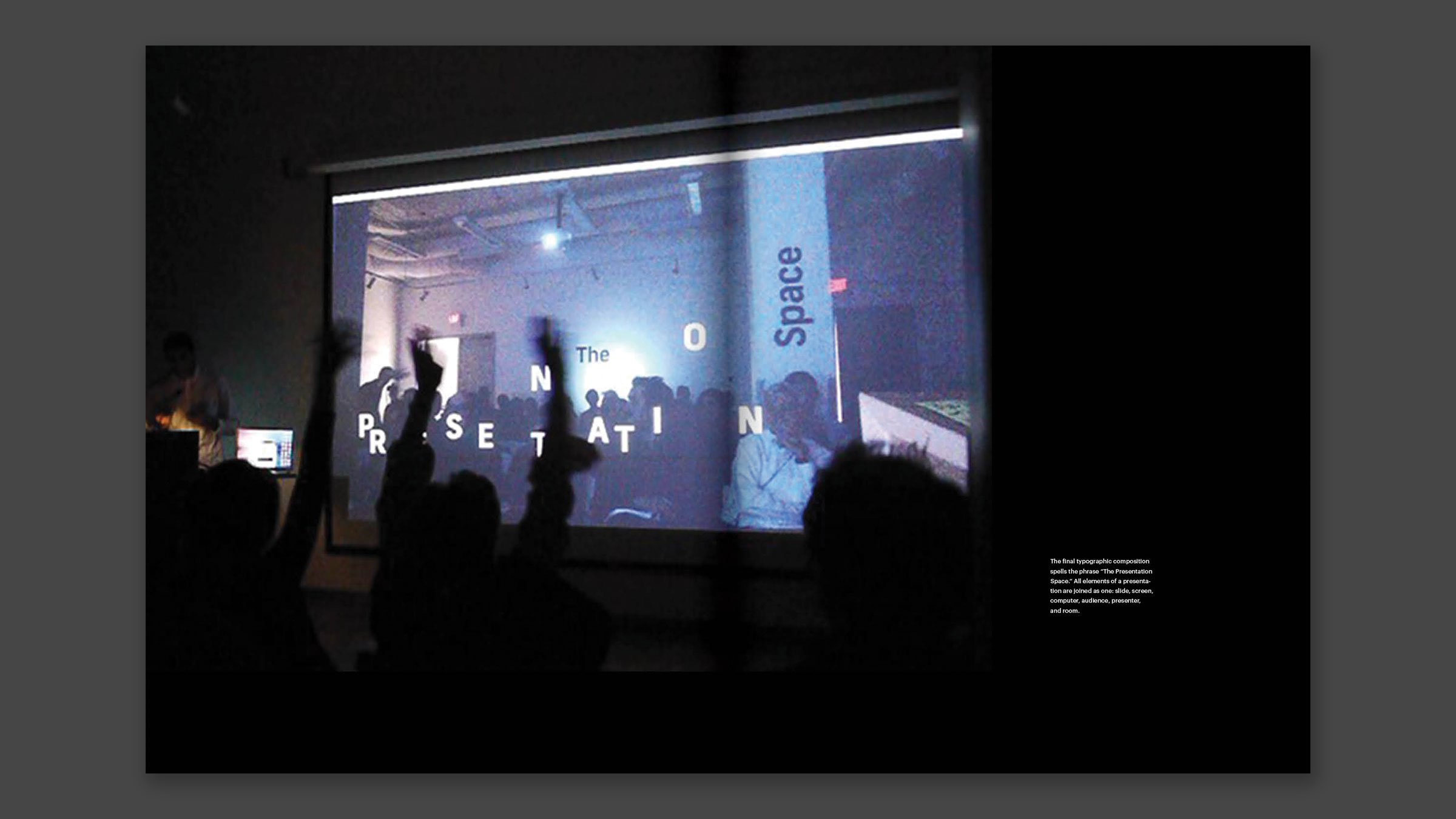 Interior spread showing a recording of the mid-year presentation with "The Presentation Space" on wall surfaces of the lecture hall.