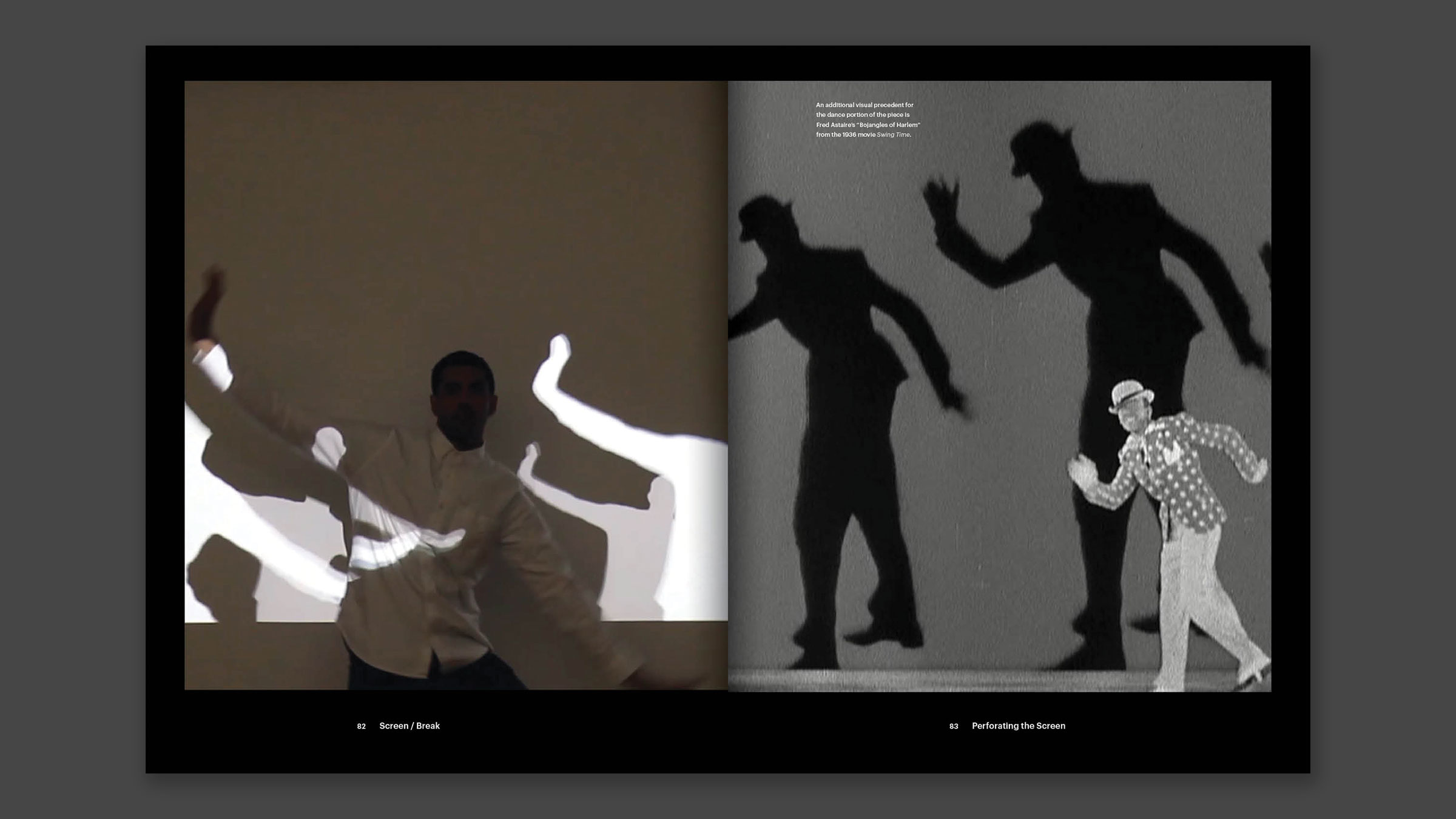 Interior spread with left page showing the author dancing with shadow background dancers and the right page showing a precedent reference to Fred Astaire.