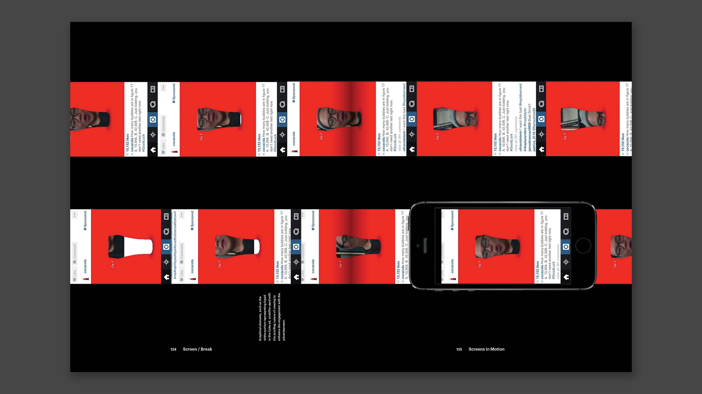 Interior spread showing frames from a thesis project with someone's face filling a silhouette of a coke bottle.