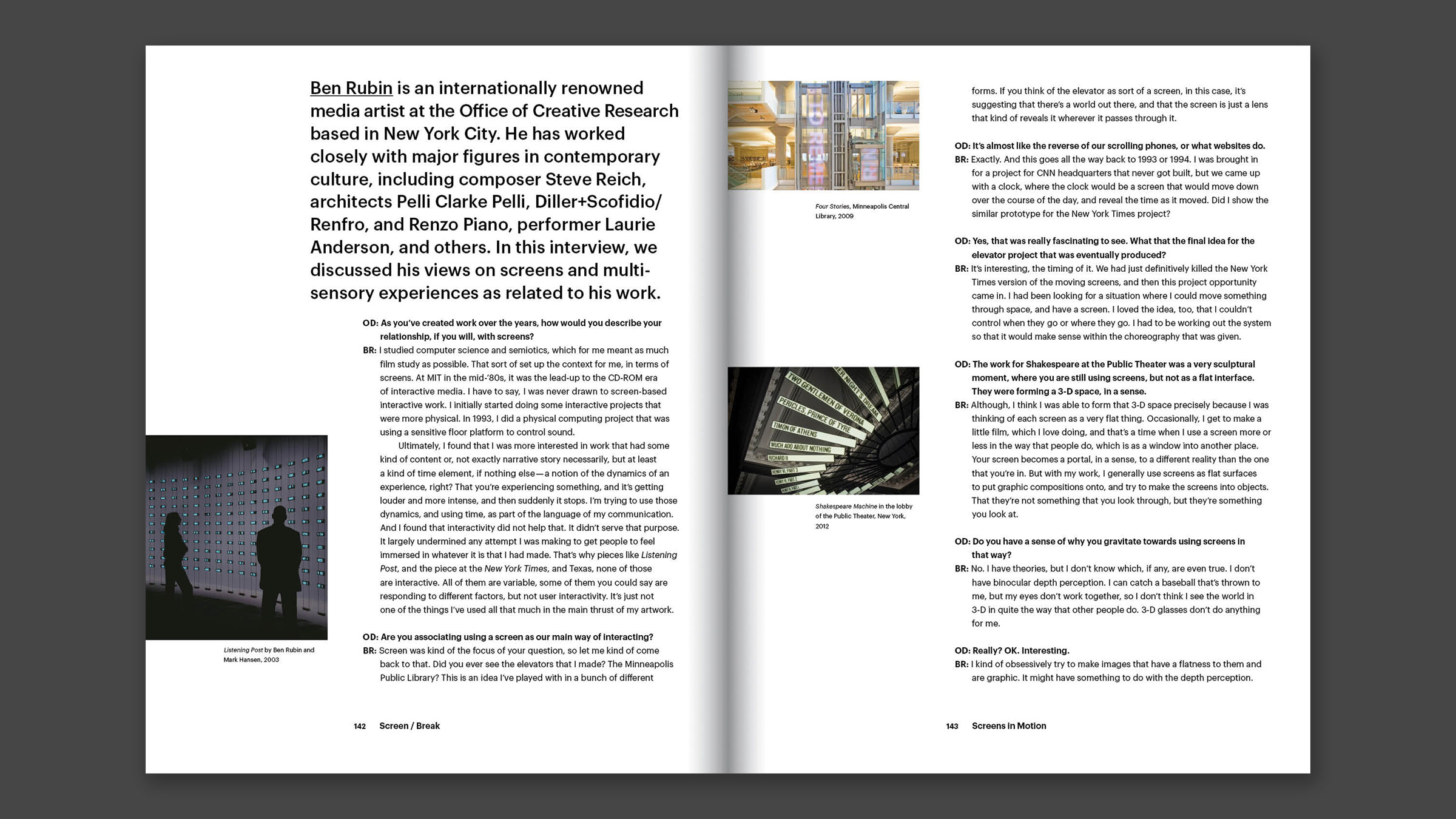 Interior spread showing an interview of Ben Rubin, media artist at the Office of Creative Research.