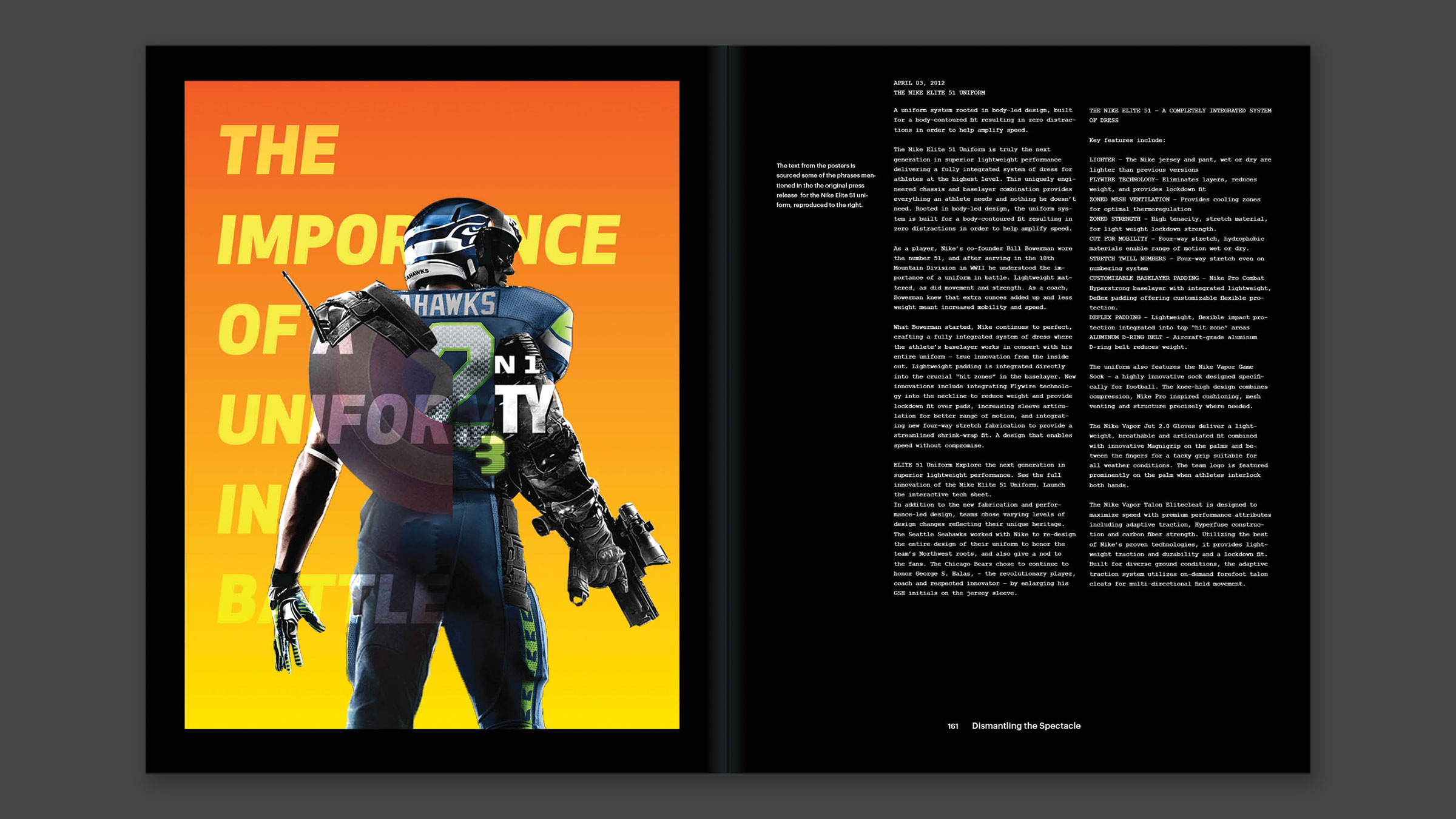 Interior spread showing a poster collage of a football player mixed with video game characters and the words "The Importance of Uniformity in Battle".