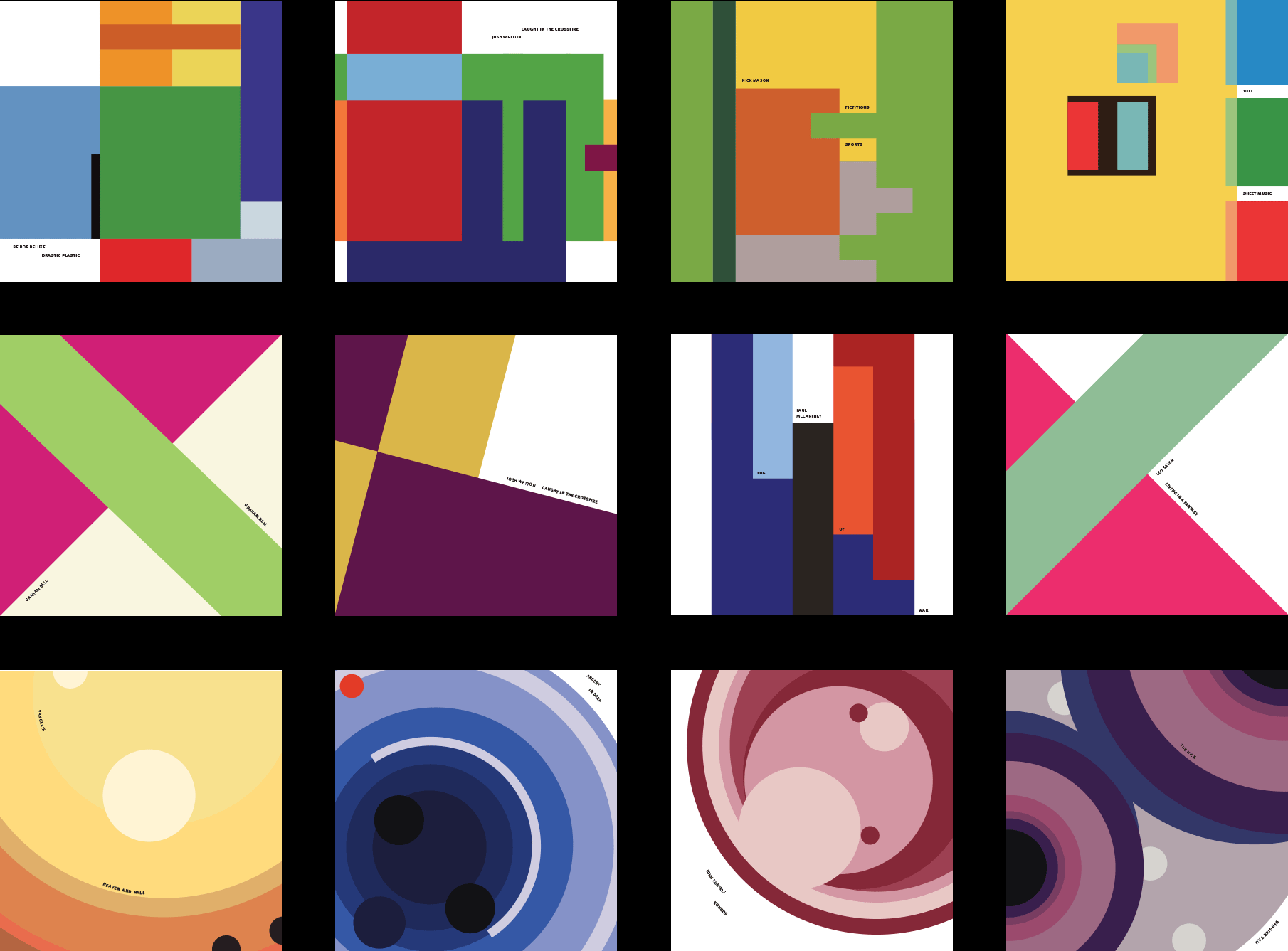 A 3 by 4 grid of square album covers, with abstract color fields on each of them.