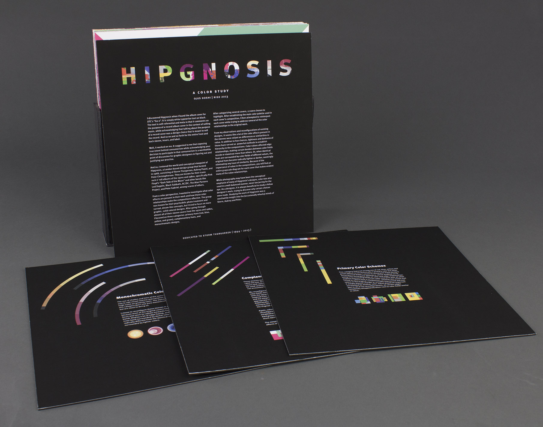 One upright black album back cover with the words Hipgnosis in colorful collage, and three other black square information cards arranged on the table in front with various color diagrams and text on each.