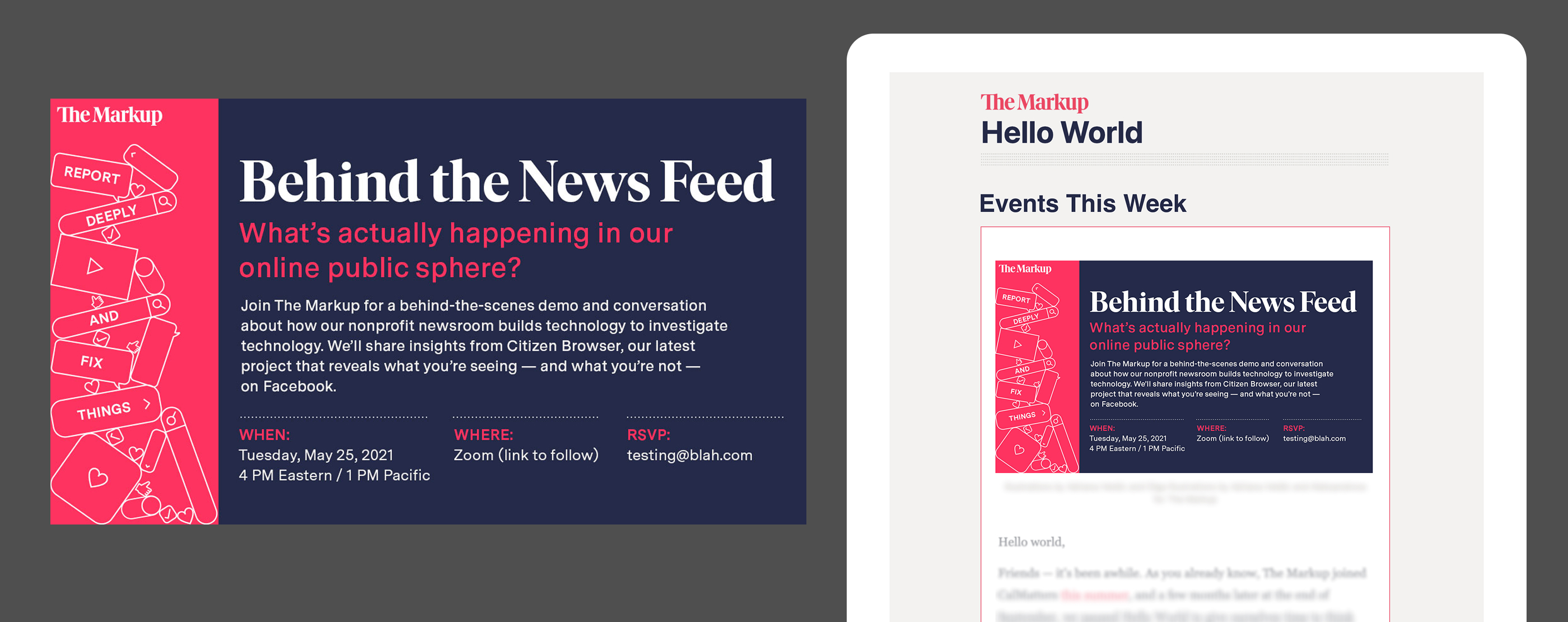 Email graphics for the event 'Behind the News Feed'